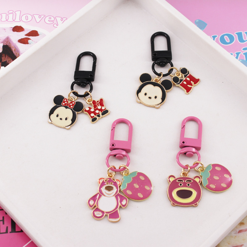 Cartoon Strawberry Bear Keychain Mickey Minnie Pendant AirPods Couple's Car Keys Girlfriend Bag U Disk Pendant