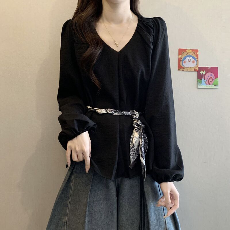 Plus Size Women's New Beautiful Tie-Neck Shirt Women's Autumn New Style Temperament Versatile Waist-Cinching Right Shoulder Top