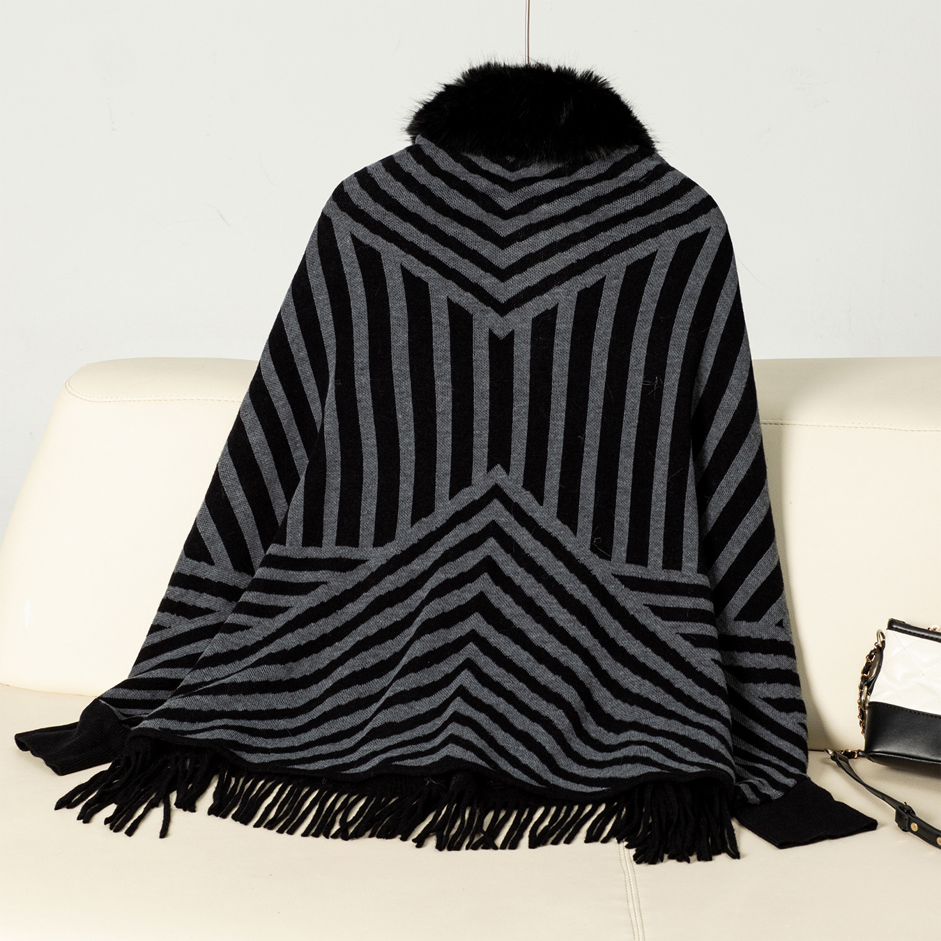 Fashion striped fringed knitted shawl cape all over the cape with a scarf sweater woman_voghion.com