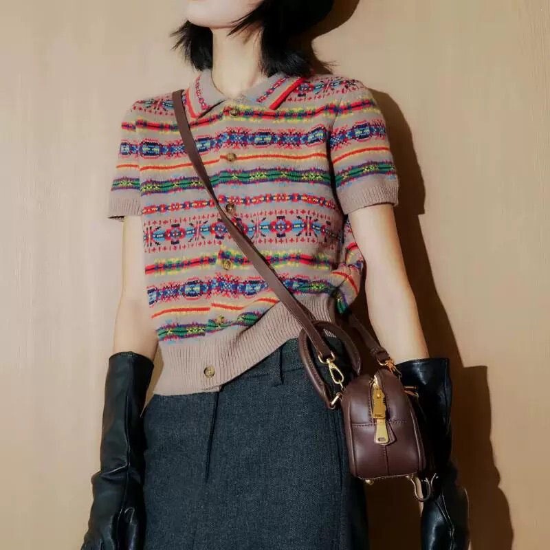 Hot Item Huge Hit! Fair Isle Craft Cardigan with Vintage Jacquard Collar, Short-Sleeve Knit Sweater for Women, Summer Hot Item Huge Hit! Fair Isle Craft Cardigan with Vintage Jacquard Collar, Short-Sleeve Knit Sweater for Women, Summer