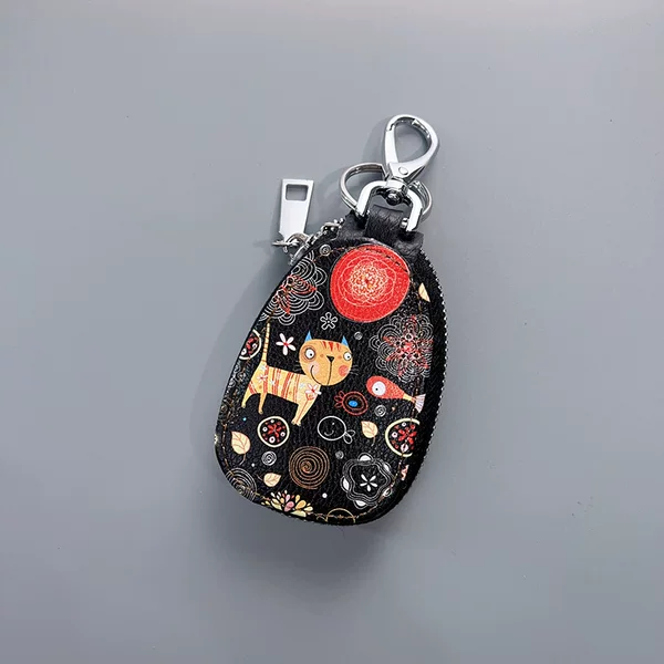 2023 New genuine leather women's key case retro ethnic style fashion zipper ornaments car key color printing women's bag