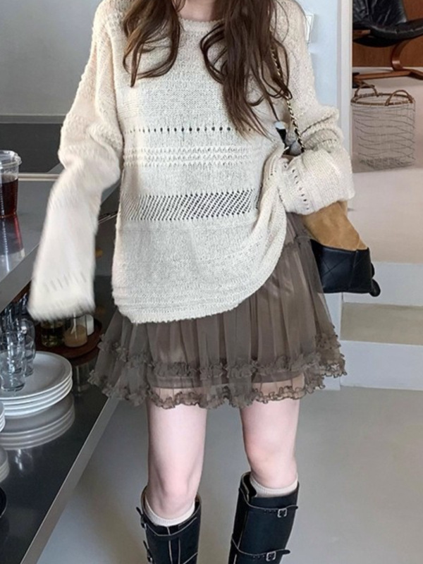 闲暇周末~马海毛设计感镂空提花圆领针织衫女秋宽松慵懒针织罩衫|undefined