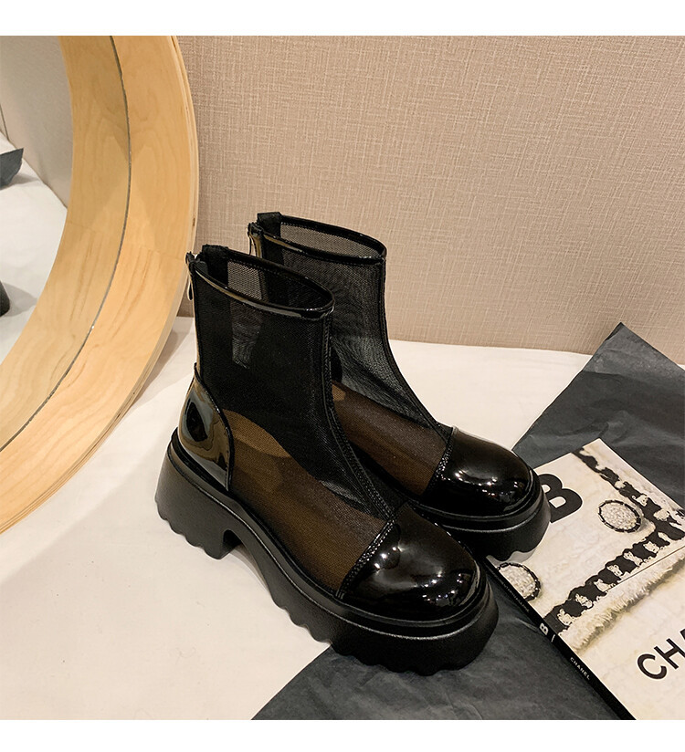 Boot ngắn nữ da thật vải lưới cao gót 6cm mùa hè phong cách Anh thoáng khí — Màu đen, Trắng be chi tiết 76