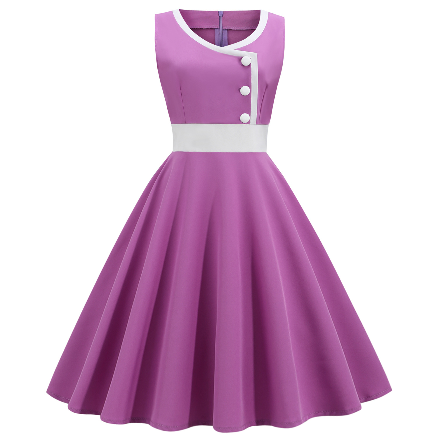  Femmes Hepburn rétro blanc rayure couture fausse simple boutonnage décoratif couleur unie grande jupe_voghion.com
