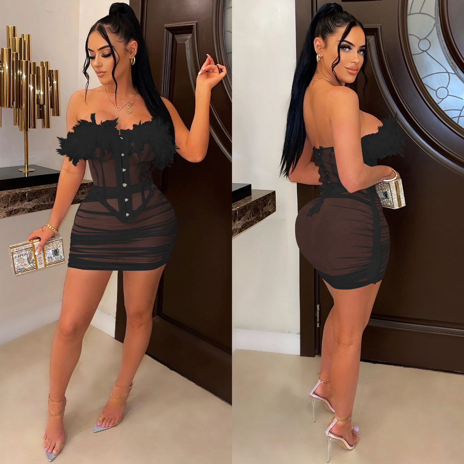 X5903 AliExpress Amazon europeo y americano color sólido malla transparente pluma encaje chaleco plisado Falda midi conjunto de dos piezas