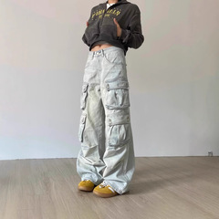 川川也美式复古多口袋水洗直筒工装牛仔裤男女街头阔腿休闲裤潮牌