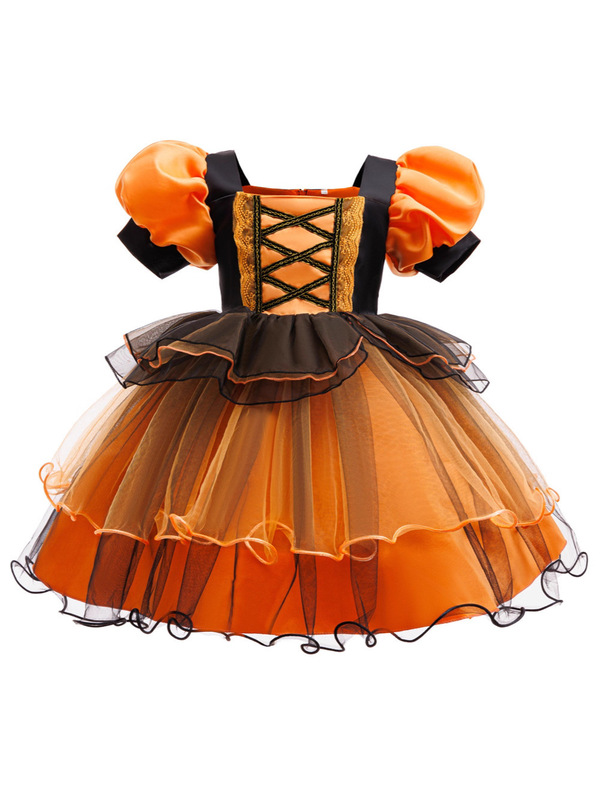 跨境新款女童公主裙万圣节服装cosplay女巫裙泡泡袖南瓜网纱蓬蓬|undefined