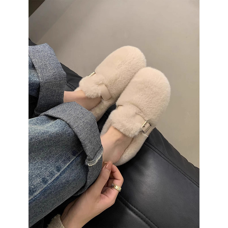 法式晚晚风皮带扣毛毛鞋女2025年新款百搭舒适一脚蹬平底豆豆棉鞋|undefined