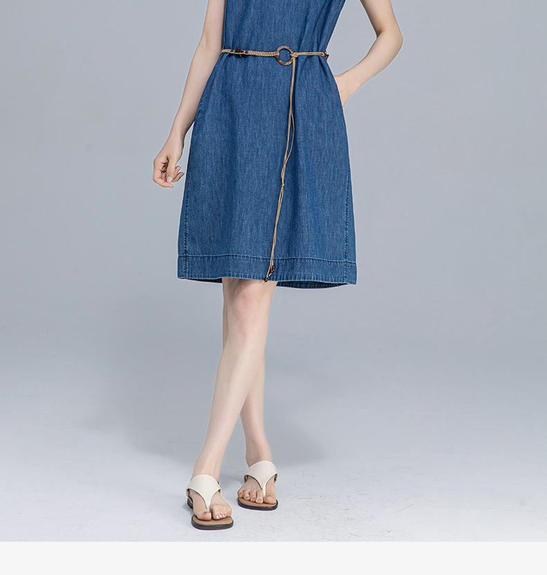 Váy denim ống thẳng cổ tròn không tay dáng rộng — Màu xanh lam chi tiết 2