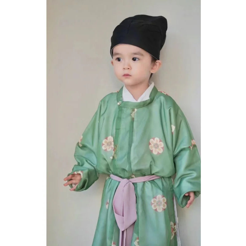 新款男童汉服中国风夏季新中式唐制古装圆领袍绿色双层薄款演出服|undefined