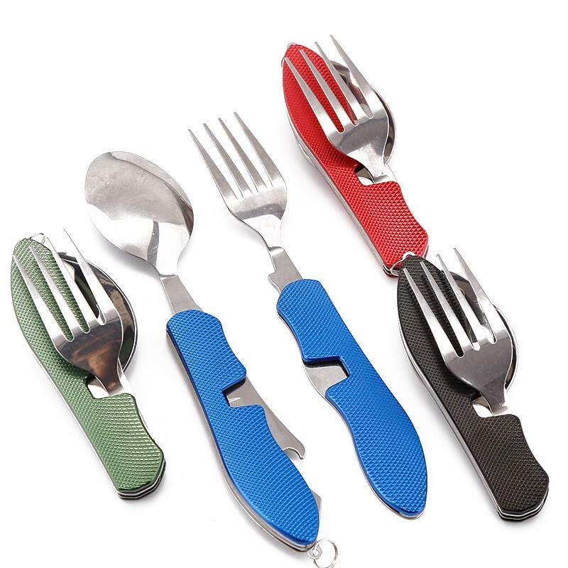 Factory direct aluminum handle three-operation knife stainless steel camping folding disassembly knife, fork and spoon combination multi-functional outdoor tableware