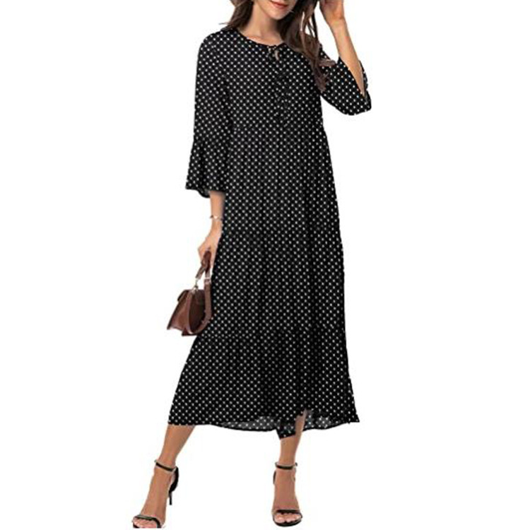 Women's 3/4 Sleeve Tie Front Printed Ruffle Hem Casual Bohemian Dress Women's 3/4 Sleeve Tie Front Printed Ruffle Hem Casual Bohemian Dress