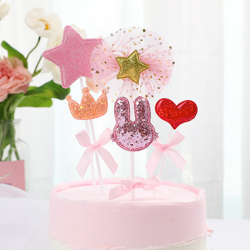 Pink Korean style bunny crown love five-pointed star birthday cake dessert baking New Year cake insert