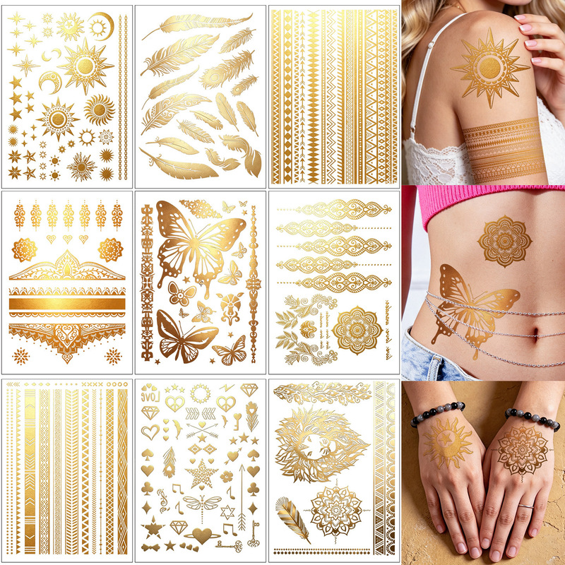 Cross-border European and American 9-piece rose and butterfly tattoo set, gold and silver foil temporary tattoo stickers, water transfer, in stock Cross-border European and American 9-piece rose and butterfly tattoo set, gold and silver foil temporary tattoo stickers, water transfer, in stock