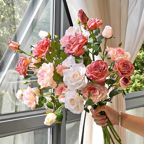 High-end rose simulation flowers artificial flower arrangements for living room dining table TV cabinet floral decorations silk flower craft ornaments