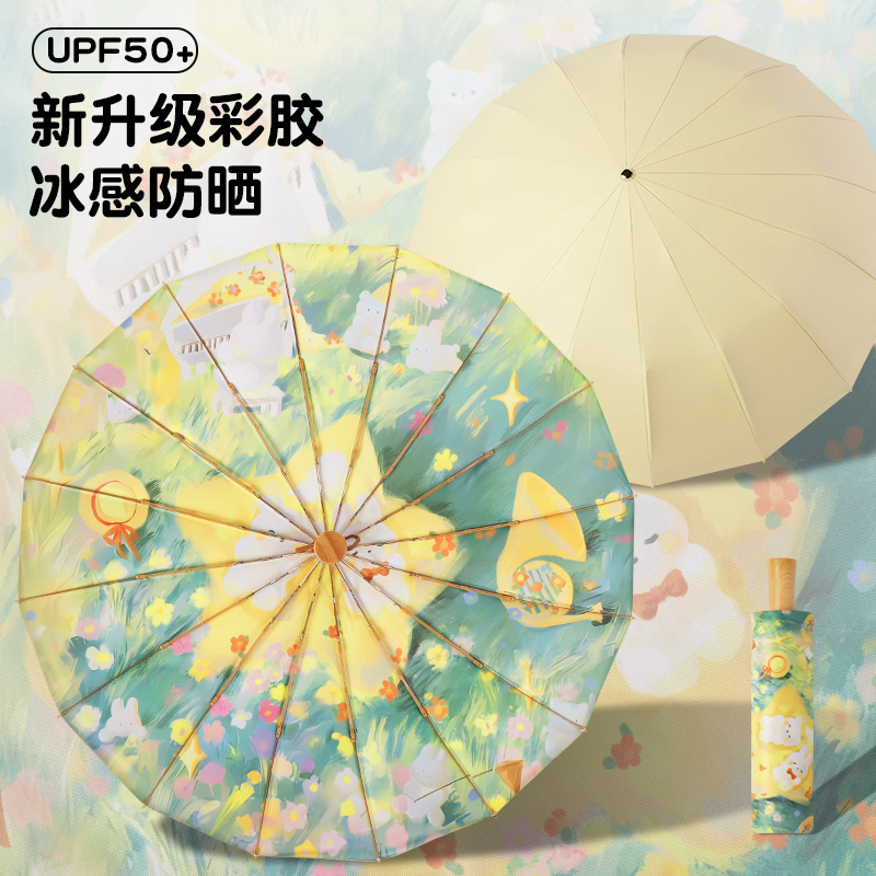 High-Quality 16-Rib Manual Sun Umbrella for Women, Uv Protection, Dual-Use for Sun and Rain, Colorful Coating, Folding Oil Painting Chinese Style Umbrella