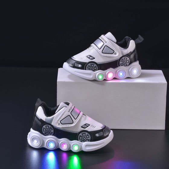 Foreign trade bright light shoes boys spring and summer new cartoon car boys and girls sneaker velcro induction lamp shoes tide