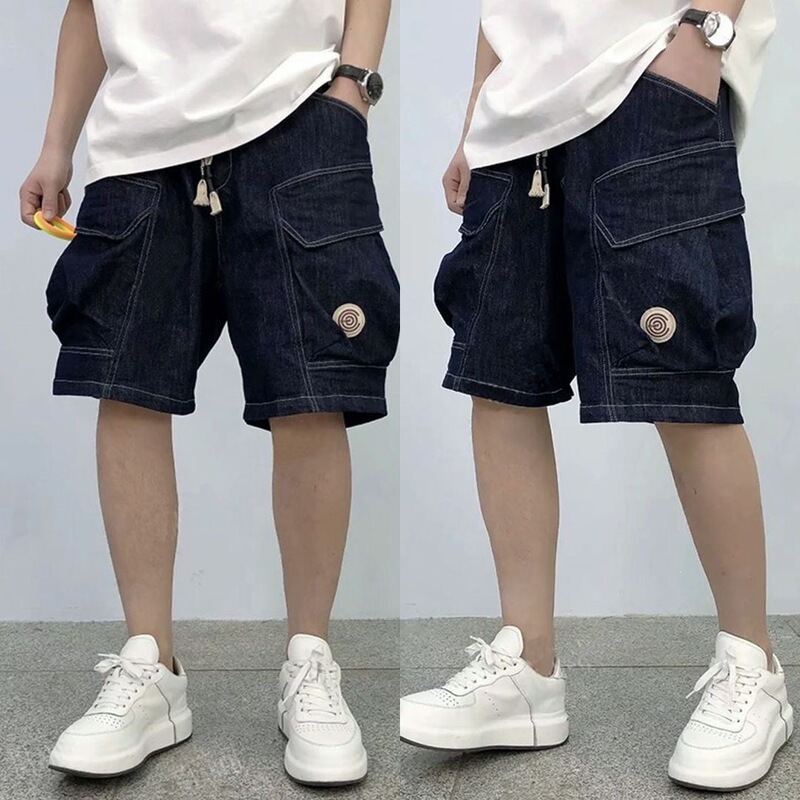 Men's Thin Denim Shorts Summer Five-Point Pants Hong Kong Style Multi-Pocket Cargo Shorts Loose Trendy Pants for Men
