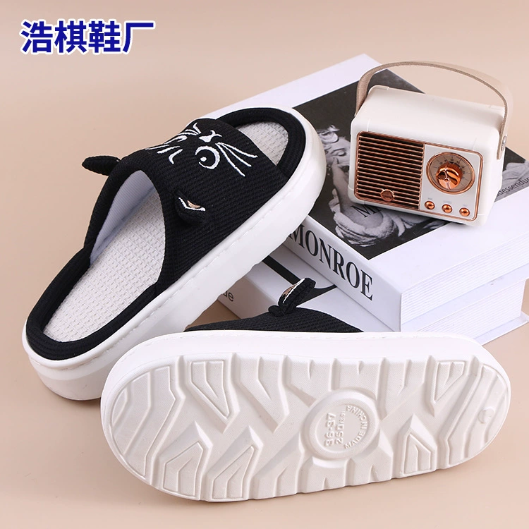 Льняные тапочки женские летние домашние нескользящие черные кошачьи толстые подошвы