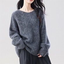 5%羊绒95%羊毛拉绒毛圆领针织衫慵懒风宽松秋冬女高级感毛衣批发
