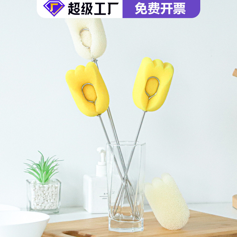Stainless Steel Cup Brush Kitchen Household Long Handle Sponge Cup Brush No Dead Angle Cleaning Thickened No Oil Washing Cup Special