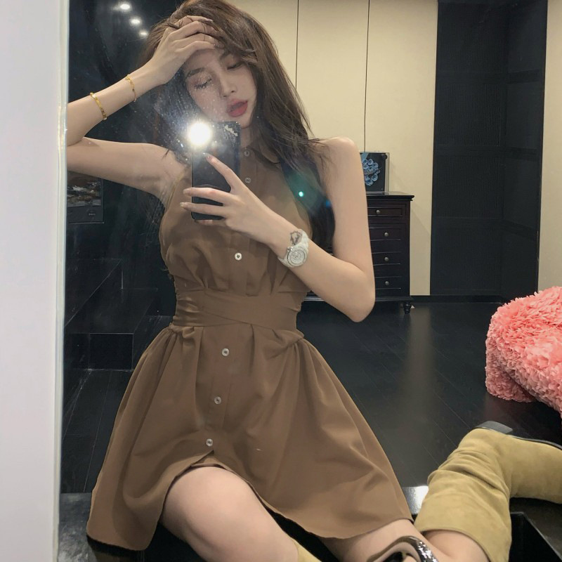 French Style Hot Girl Shirt Hanging Neck dress Women's Summer Short Back Bow Sleeveless Waisted Polo Skirt