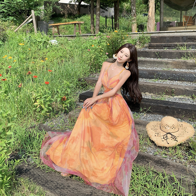橘色碎花V领露背沙滩裙纯欲吊带长款显瘦连衣裙女夏季|undefined