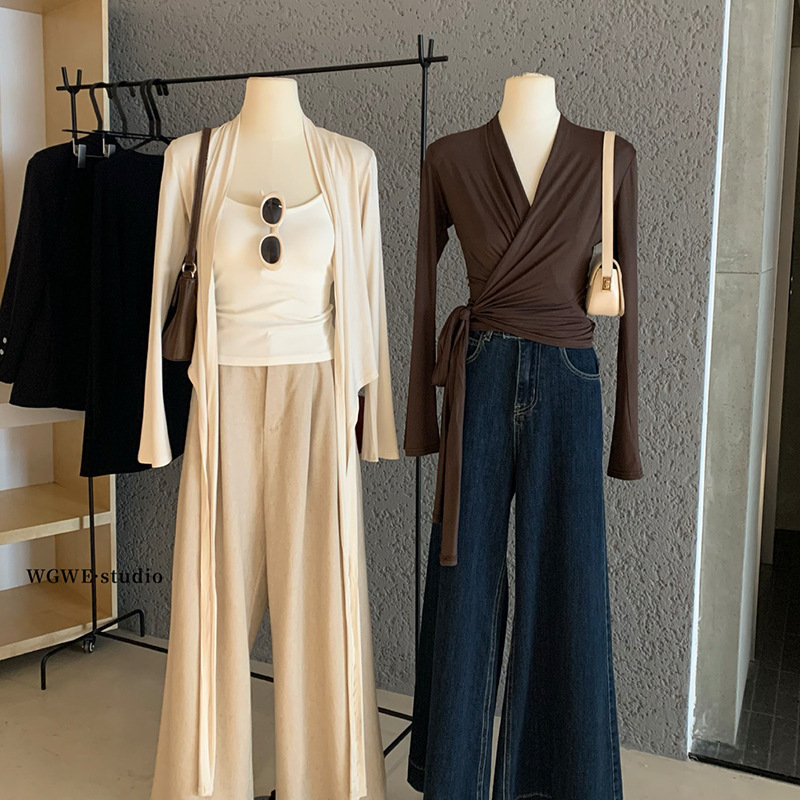 WGWE7415呼吸定义*两穿绑带开衫女夏v领t恤柔软空调衫|undefined