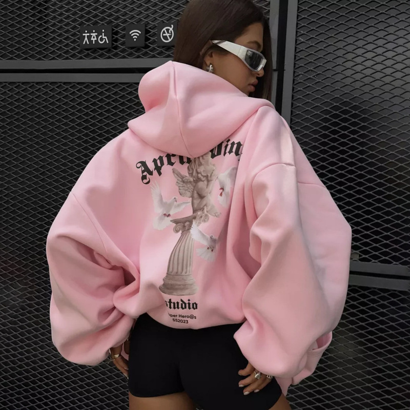 Amazon's Trendy Hot Girl Casual Style Top with Angel Print Hooded Zipper Sweatshirt for Women Spring and Autumn Long Sleeves