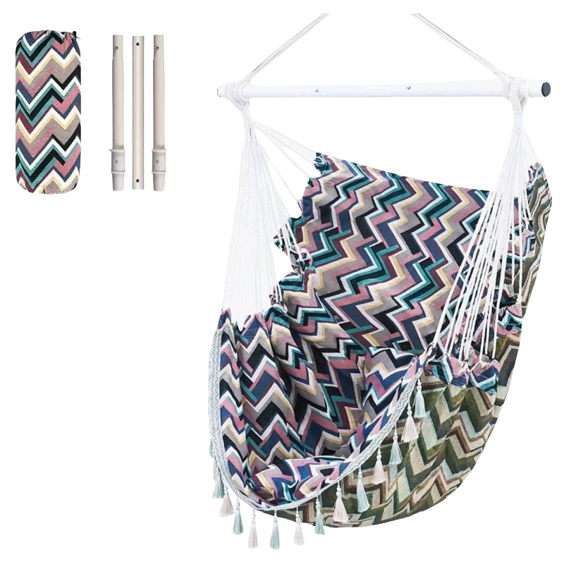 Silla colgante de lona de hierro triple jacquard geométrico aumento swing interior y exterior camping retro borla cesta colgante al por mayor