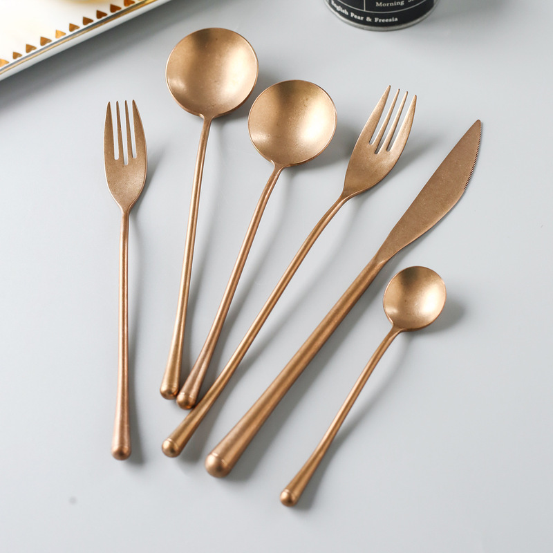 Japanese-Style 304 Stainless Steel Rose Gold Steak Knife, Fork, and Spoon Set with Long Handle Fruit Fork, Mixing Spoon, Dessert Luxury Set Japanese-Style 304 Stainless Steel Rose Gold Steak Knife, Fork, and Spoon Set with Long Handle Fruit Fork, Mixing Spoon, Dessert Luxury Set