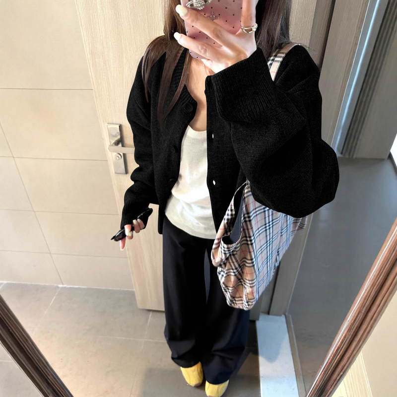 Black Cardigan Jacket 2025 New Spring and Autumn Outer Wear Lazy Style Sweater Cardigan Women's Autumn and Winter Outer Casual Top