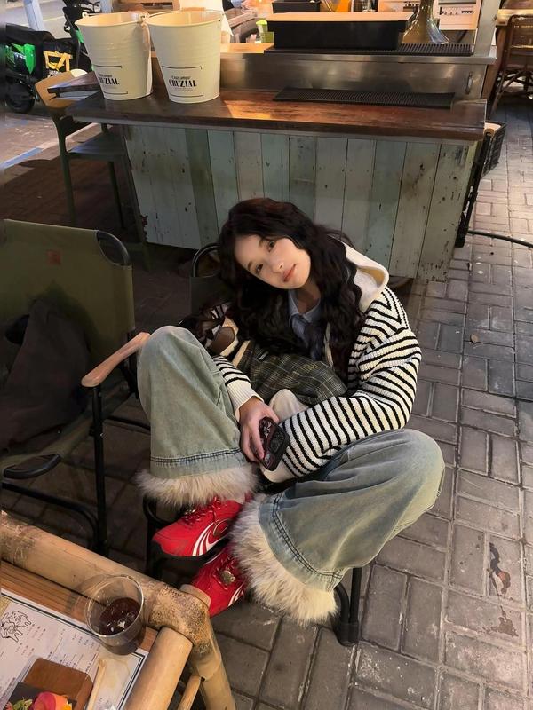 杏色抽绳连帽条纹针织开衫女秋季新款韩版宽松百搭上衣毛衣外套|undefined