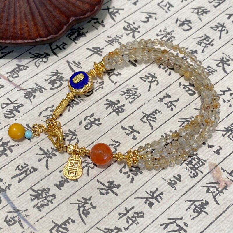 巧恩天然金发晶南红青金石招财送长辈S925银水晶手串手链设计款|undefined