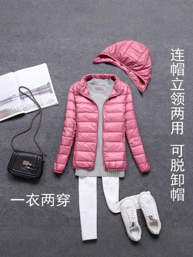Transfronterizo Tik Tok nueva chaqueta de plumón para mujeres corta estilo coreano delgada y delgada chaqueta de sombrero extraíble de estudiantes de tamaño grande