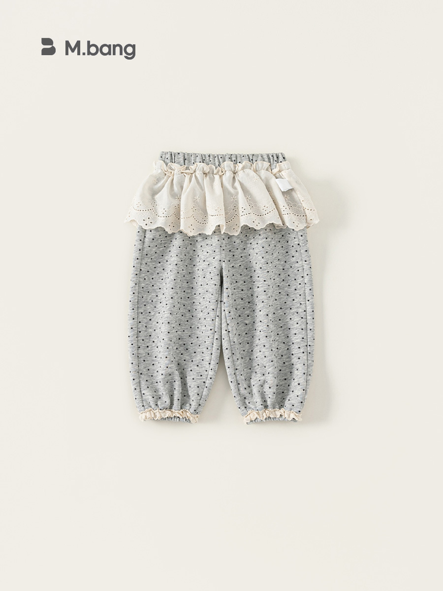 Ropa para niños Youbao, pantalones para niñas, estilo nuevo de primavera y otoño, pantalones deportivos de lunares de color liso para niñas pequeñas con ribete de encaje en la cintura y puños antimosquitos.