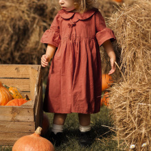 北欧可爱俏皮娃娃领连衣裙亚麻女童装田园风女宝喇叭中袖棉麻裙子