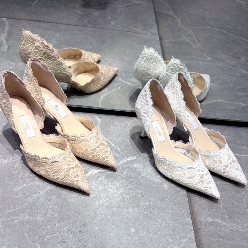In-Stock Version~Yang Mi's Same Style 2026 Summer New White High-Heeled Shoes for Women, Elegant Embroidered Pointed-Toe Hollow Sandals