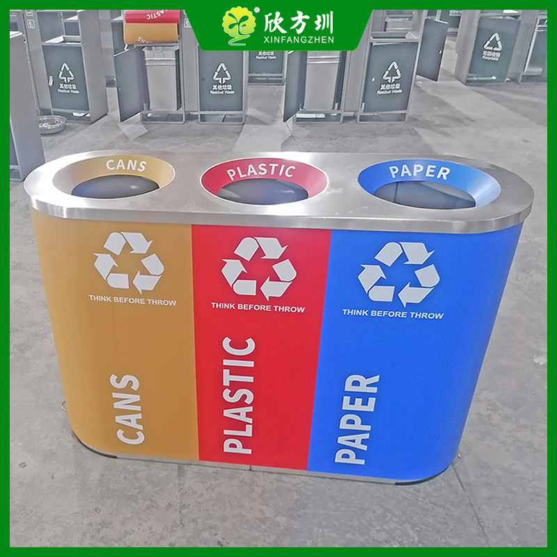 Indoor Shopping Mall Airport Underground Passage Sanitation Triple Stainless Steel Classified Trash Can Peel Box Factory Custom-Made