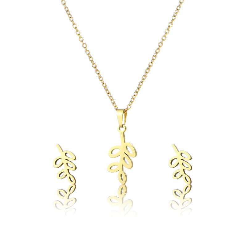 fashion leaf pendant stainless steel necklace earrings set