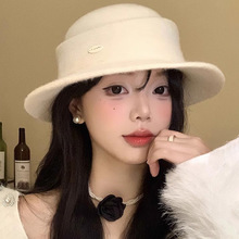 设计师网红金属标礼帽女冬季羊毛针织加厚保暖渔夫帽气质优雅盆帽