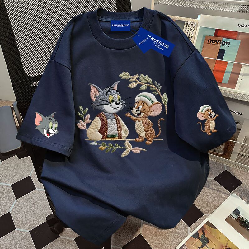 100% Pure Cotton Sweet Cool Style Cartoon Short-Sleeve T-Shirt for Women, Summer Loose Fit, Slimming, Versatile, Round Neck, Couple's Top, Trendy