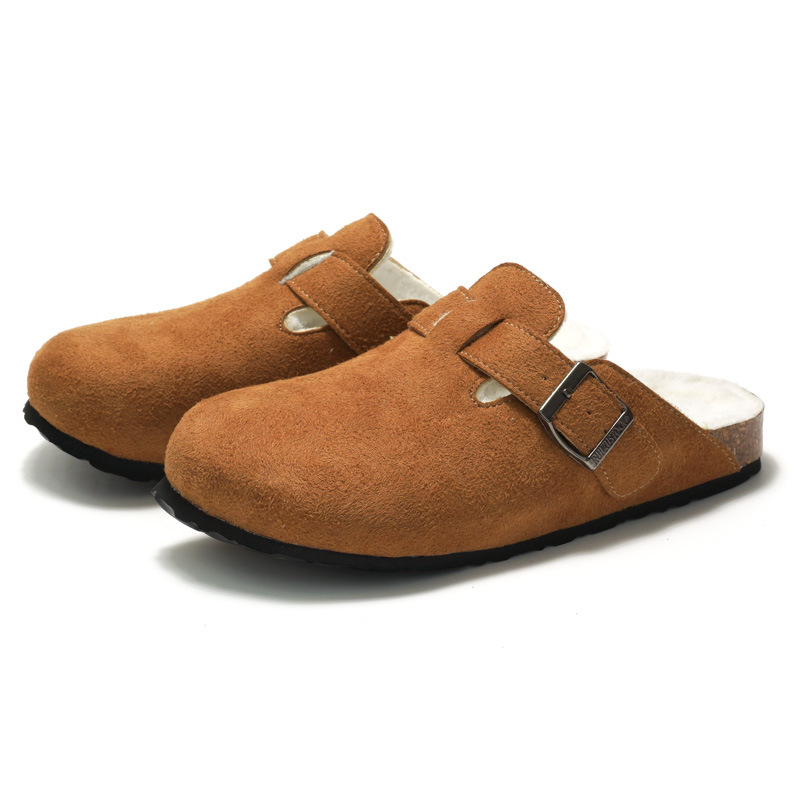 RUIZUSTOCK Winter Men's Closed-Toe Cork Slippers With Fleece, Women's Cotton Shoes, Warm Sandals, Suede Outdoor Wear_voghion.com