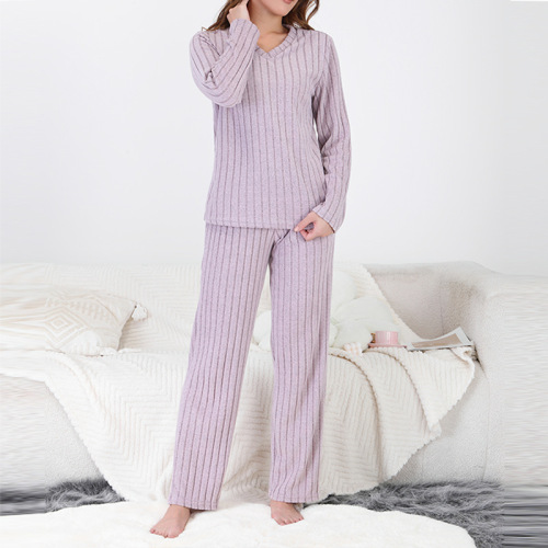 Autumn/Winter Vertical Plush Long-Sleeve V-Neck Top Set with Casual Pants Home Sleepwear Two-Piece Set Leisurely and Comfortable
