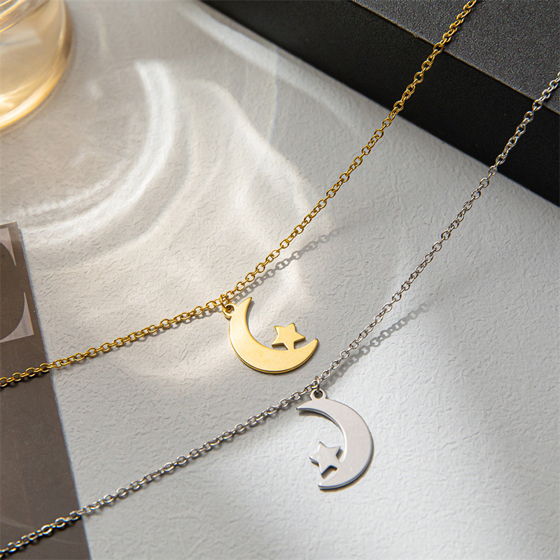 316L Stainless Steel Material 316L Stainless Steel Ion Plating (IP) Star Moon Waterproof Non Tarnish Surgical Steel Pendant Necklace For Women'S