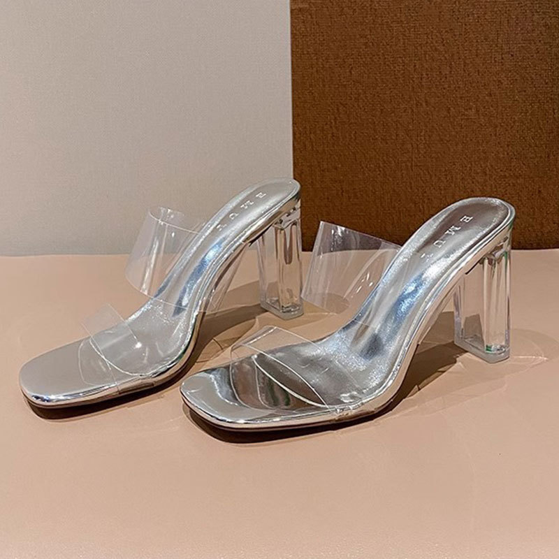 2026 New Transparent Sandals for Women, Waterproof Platform, Silver Nightclub Style, Single Strap, Crystal Chunky High Heels, Thick Sole, Suitable for Outdoor Wear