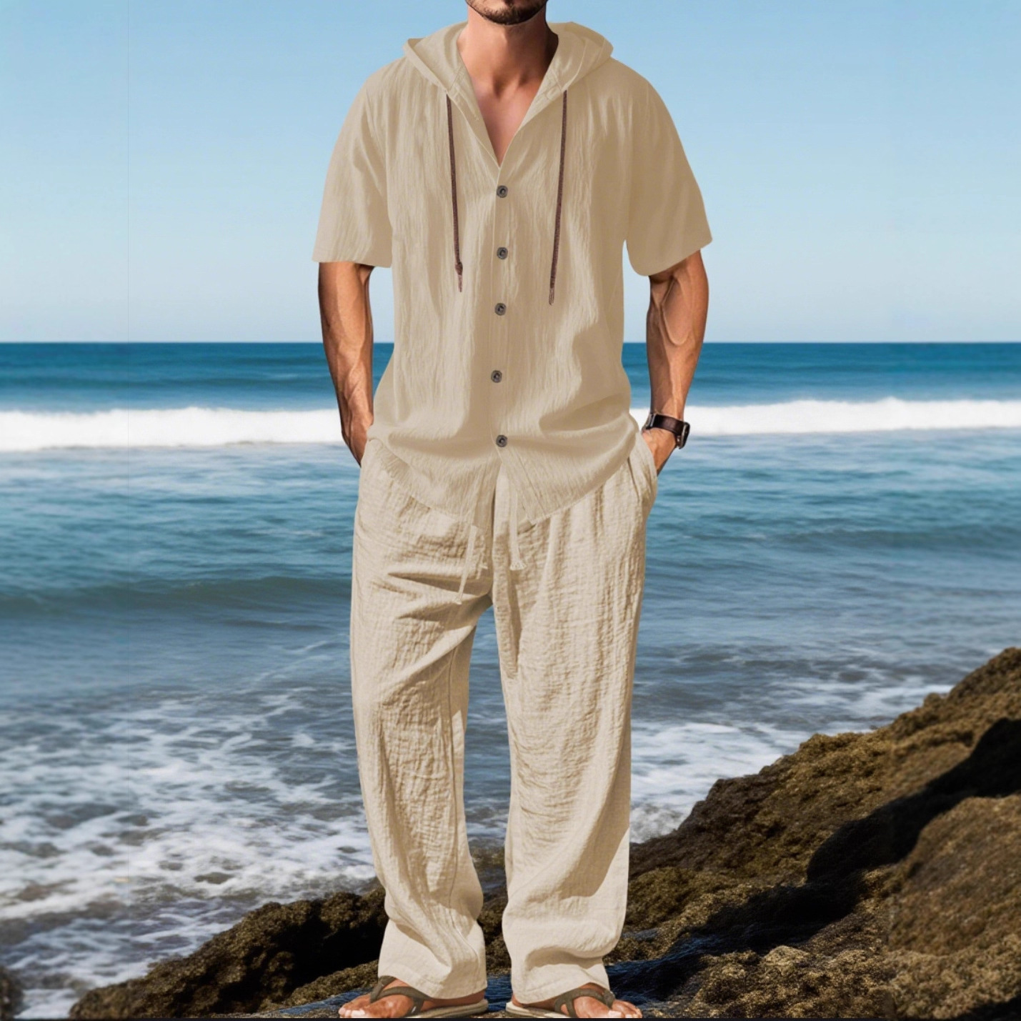 Transfronterizos Amazon Europa y Estados Unidos hombres trajes deportivos casuales con capuzas camisas de mangas largas de algodón y lino sueltas pantalones largos trajes para hombres