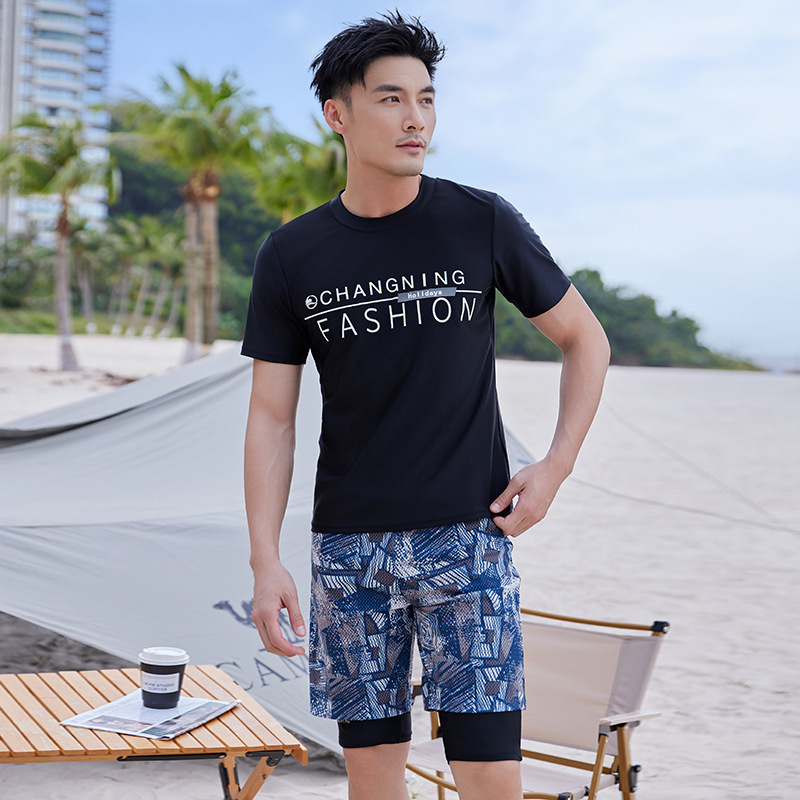 Cross-Border Men's Swimwear Plus Size Half-Sleeved Quarter Pants Conservative Wetsuit Surfing Suit Men's Swimsuit and Swimming Trunks Suit