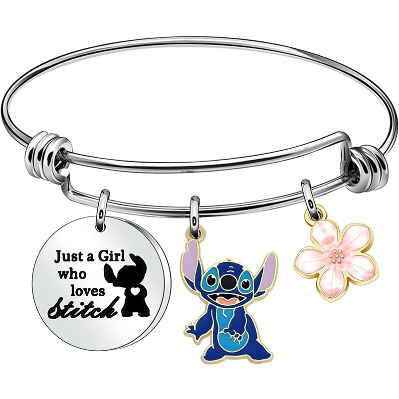 Stainless Steel Bracelet Snake Bone Chain Pendant Cartoon Stitch Pattern Round Engraving Steel Bracelet Stitch Bracelet