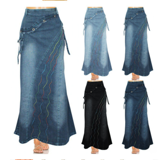 demi-season retro denim denim skirt